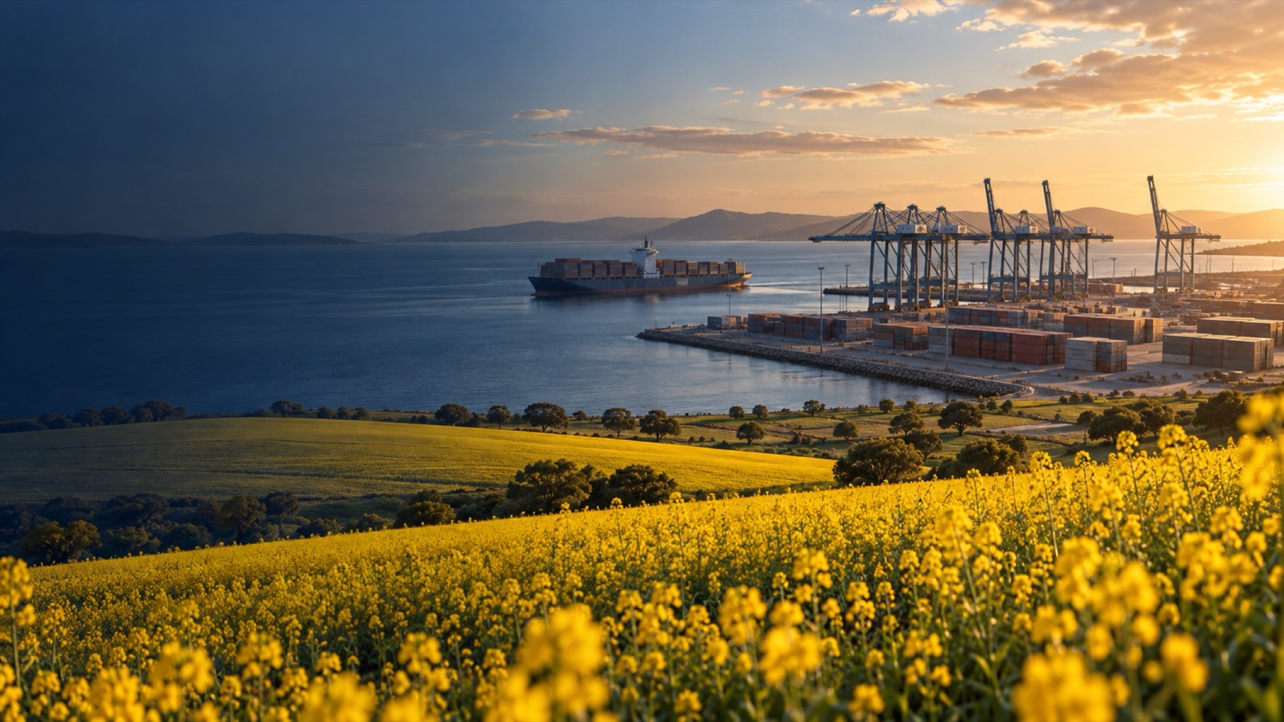 Golden canola fields overlooking a modern container port
